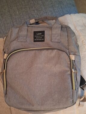 LAND Gray Baby Bag Backpack Pack And Play with Gold Zippers